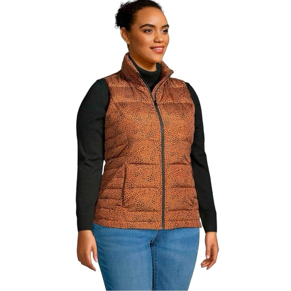 Lands’ End Down Puffer Vest Caramel Leopard Print Like New - Picture 3 of 16